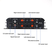 Etlephe 4 kanálový mini zesilovač, HiFi zesilovač, Bluetooth 5.0 stereo zesilovač, 1200 W, FM rádio, Přenosný vstup/USB vstup/FM